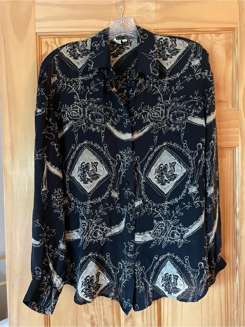 Woven Button-Down Shirt - Black with Cream Print